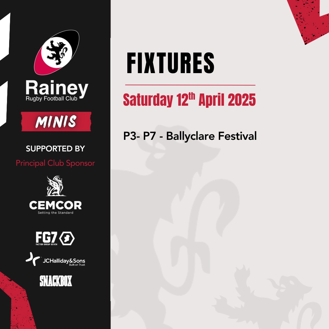 It’s finals week at Rainey Rugby!

Sun, Apr 13
• Girls U16 vs Ballymoney – Plate Final @ Portadown ⏰ 12PM
• Senior Women vs Lisburn – Suzanne Fleming Shield Final (H) ⏰ 2PM

Fri: U12s @ Dromore Festival
Sat: Minis (P3–P7) @ Ballyclare Festival

Good luck to all teams— 🔴⚫️