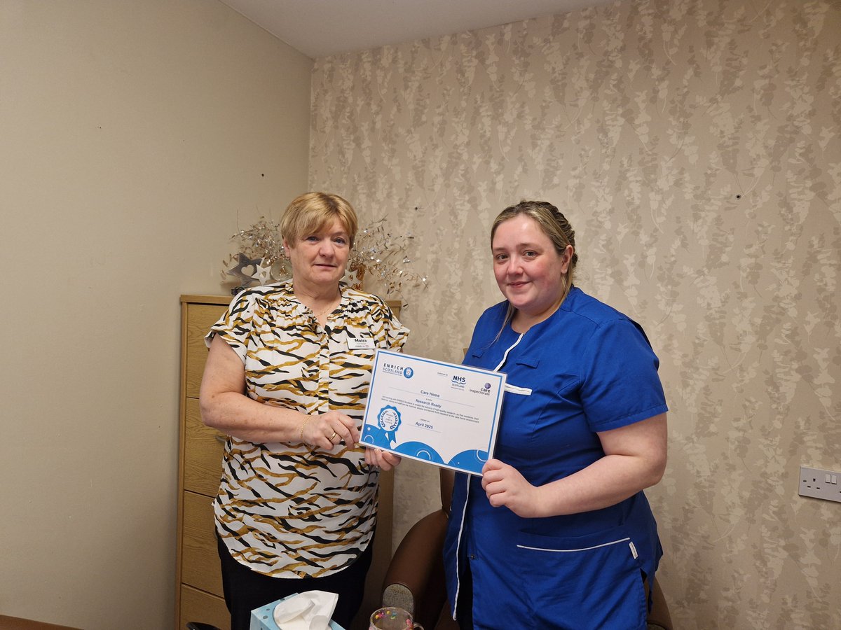 EnrichScotland's tweet photo. A big Wednesday welcome to Mowat Court Care Home in Stonehaven who have joined @EnrichScotland to support #carehomeresearch.  Thank you for joining us

Pictured below is Manager Moira and Deputy Manager Sherrine receiving their certificate ⬇️⬇️

#thinkenrich #carehomevoices https://t.co/sxxVTbdp9E