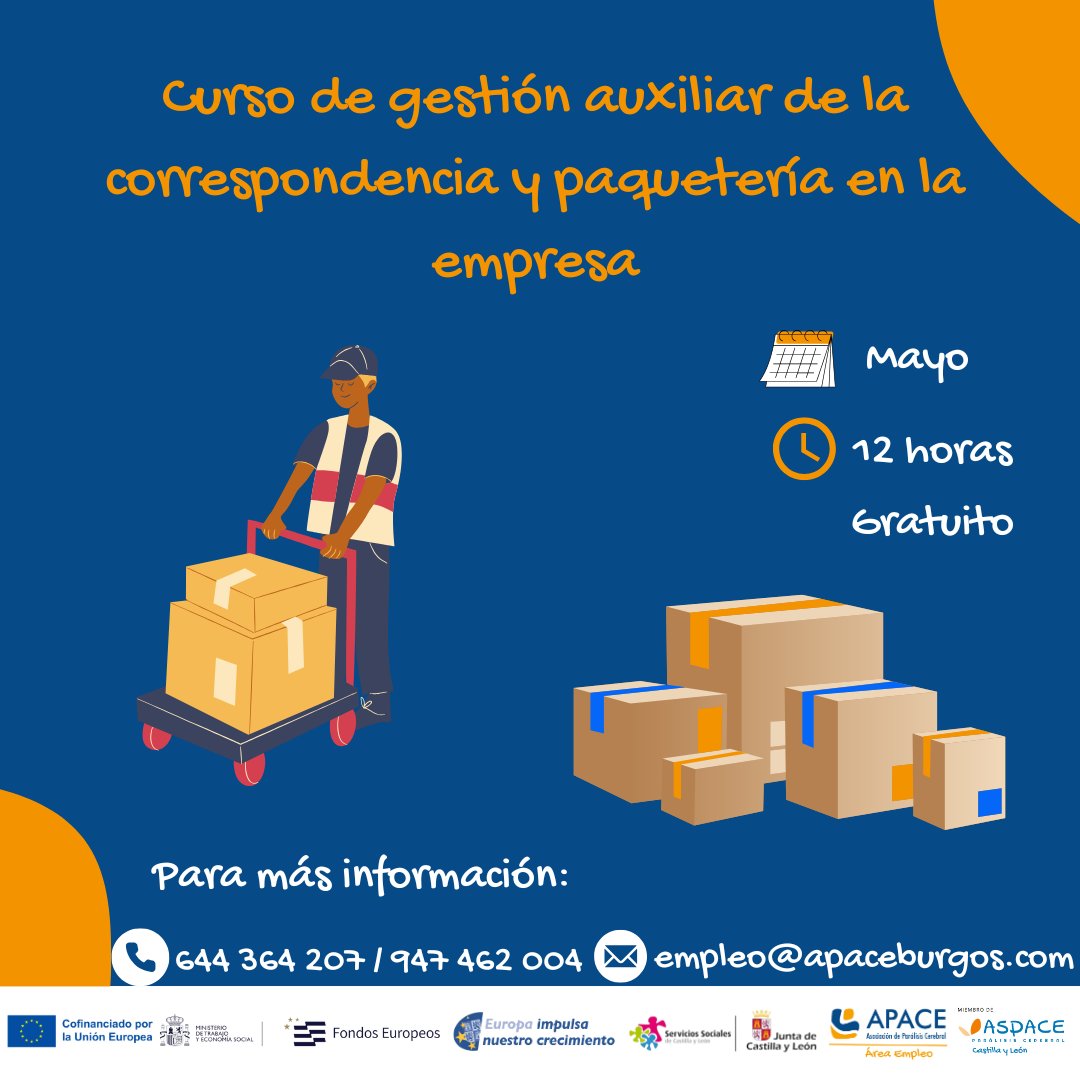 APACE Burgos (@apaceburgos) on Twitter photo 📢Inscripciones Abiertas 📢
¿Te gustaría aprender a gestionar la correspondencia y paquetería en una empresa? 🚚📦 ¡Este curso es para ti!
Cofinanciada por la Gerencia de Servicios Sociales de la Junta de Castilla y León <a href="/jcyl/">Junta de Castilla y León</a> , la Consejería de <a href="/familiajcyl/">Familia Castilla y León</a> y <a href="/EU_Social/">EU Social 🇪🇺</a> 📢Inscripciones Abiertas 📢
¿Te gustaría aprender a gestionar la correspondencia y paquetería en una empresa? 🚚📦 ¡Este curso es para ti!
Cofinanciada por la Gerencia de Servicios Sociales de la Junta de Castilla y León <a href="/jcyl/">Junta de Castilla y León</a> , la Consejería de <a href="/familiajcyl/">Familia Castilla y León</a> y <a href="/EU_Social/">EU Social 🇪🇺</a>