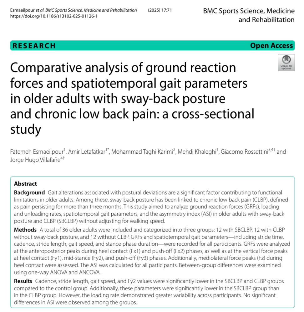 🎯 ‘Comparative analysis of ground reaction forces and spatiotemporal gait parameters in older adults with sway-back posture and chronic low back pain: a cross-sectional study’

👏🏻 team 

<a href="/BioMedCentral/">BMC</a> 

🔓 open access: pubmed.ncbi.nlm.nih.gov/40197475/