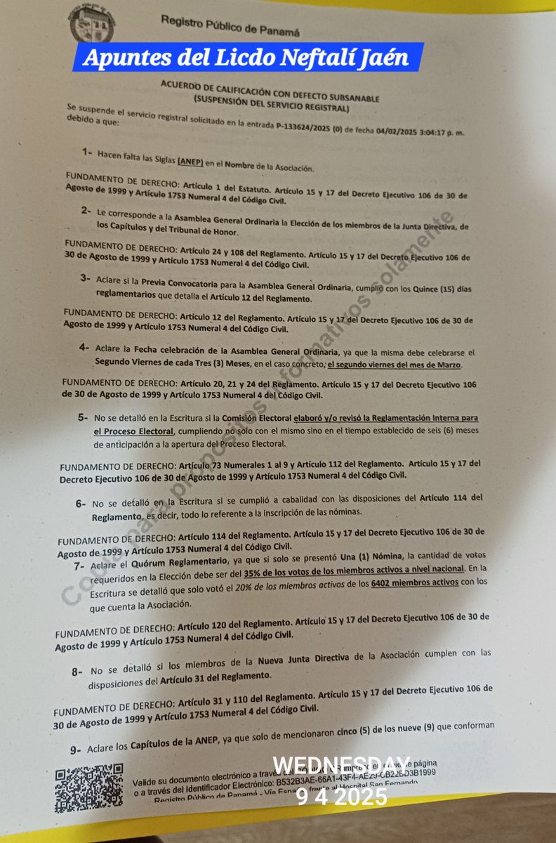 NeftaJaen19PA's tweet photo. ⚖️ ACTA DEFECTUOSA ⚖️
Directiva de la Asociación Nacional de Enfermeras presentó en Registro Público, el ACTA de una Asamblea que denominan Elección de Junta Directiva y se la han suspendido con más de 10 errores.!
Hasta el Protocolo del Notario Hector Santos R., tiene errores😳 https://t.co/YxciwYOCpz