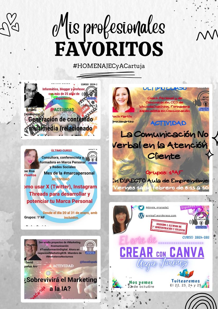 Gracias a todos los profesionales, pero en especial a <a href="/blogpocket/">Tweets con fecha de caducidad</a> <a href="/Angie_granada1/">Angie Jimenez</a> <a href="/rociomartinv/">Rocío Martín</a> <a href="/YlseRoa/">Ylse Roa | 🇻🇪Personal Branding</a> <a href="/DaveEspadas/">🟣 David Espadas 🏍</a> 
Por todo el tiempo⏱️ que nos habéis dedicado, y enseñarnos de esa manera tan especial y cercana🫱🏻‍🫲🏼. 

#CYACARTUJA #HOMEAJECYACARTUJA <a href="/Clase_CyAC/">José Miguel</a> <a href="/jmalex/">José Miguel García P</a>