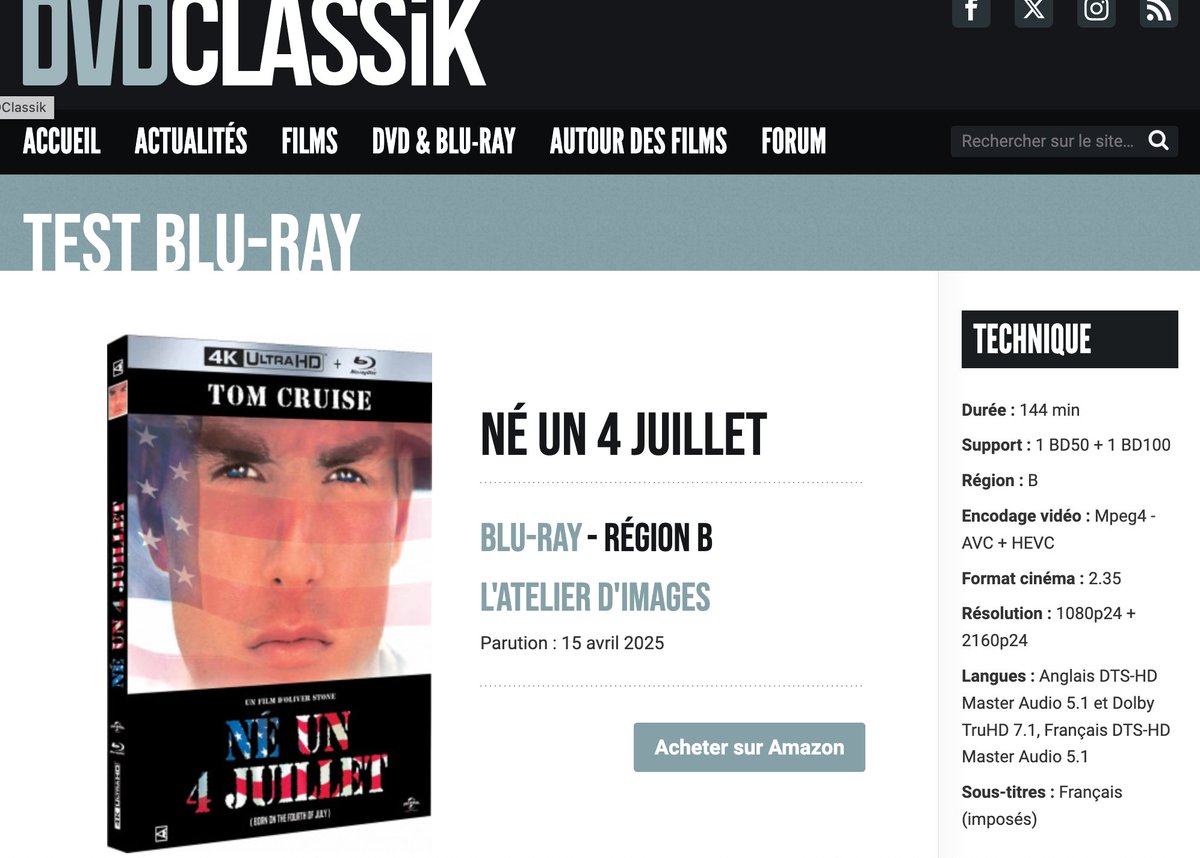 LeBelleguy's tweet photo. Né un 4 juillet (Born on the Fourth of July)
Inédit Ultra HD 4K+ BD 🗓️15 avril @latelierdimages
Commentaire audio #oliverstone
🪖Documentaire Backstory #ronkovic #tomcruise
Suppléments exclusifs + Livret inédit 32p Disponible
@DVDClassik
▶️https://t.co/dXXihO6bE4 https://t.co/E5uPzYqhIT