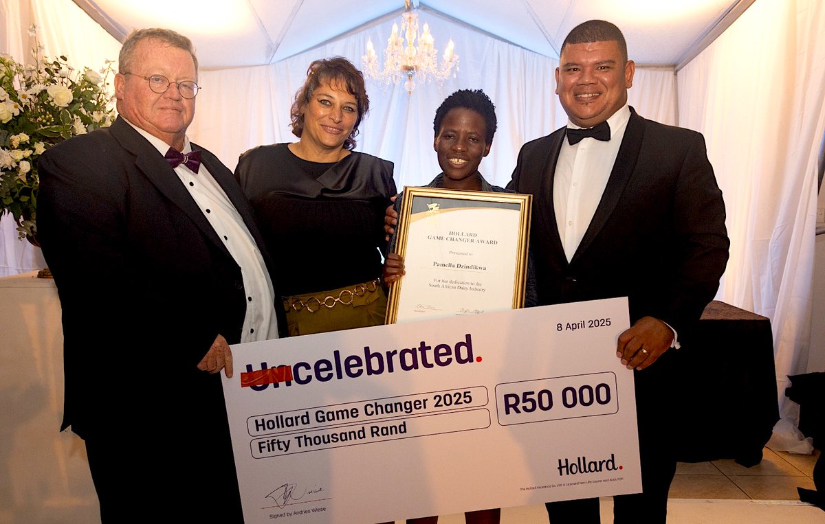<a href="/AgriExpo1/">Agri-Expo</a> honoured Pamella Dzindikwa, production head of Puglia Cheese, with 2nd Hollard Game Changer Award and R50 000. Andries Wiese, Hollard's National Business Development Manager; Ursula-Ann Ostuni of Puglia; Pamella and Breyton Milford, Agri-Expo manager at #SADairyAwards.