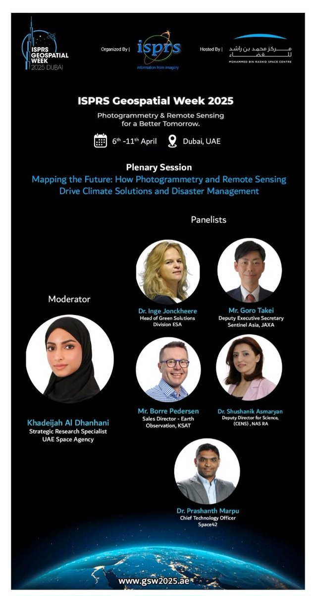 aingejo's tweet image. Great panel today in the @isprs Geospatial Week 2025 here in #Dubai trying to find solutions for better use of #EOdata for #climateaction and #disastermanagement with @esa @JAXA_en among others