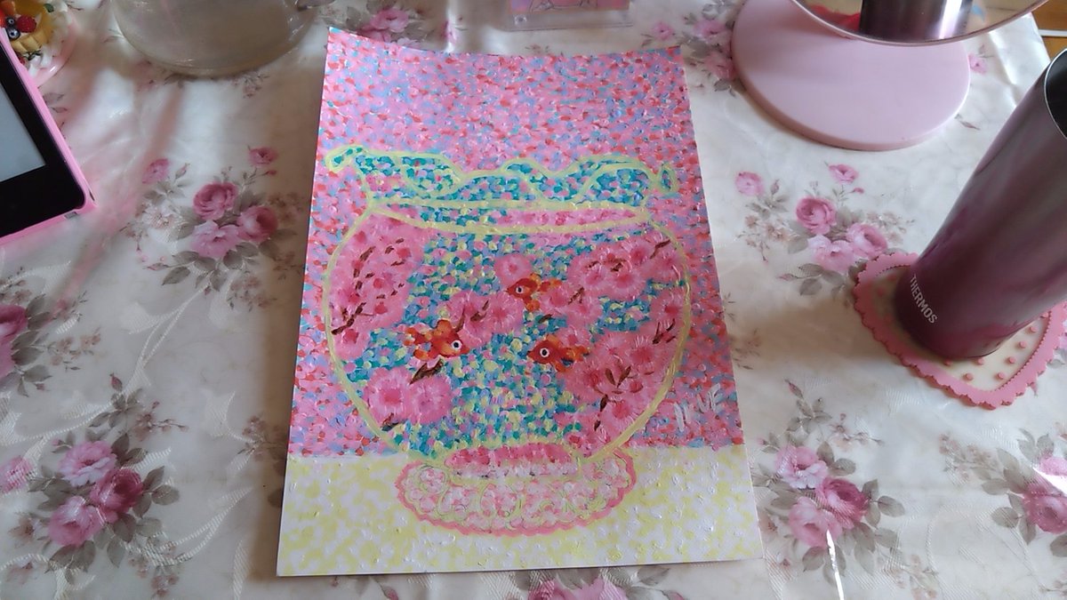 「金魚と桜」齋藤郁恵作画 アクリル原画 点描画 ヒーリングアート 金魚と桜」齋藤郁恵作画 アクリル原画 点描画 ヒーリングアート 真作