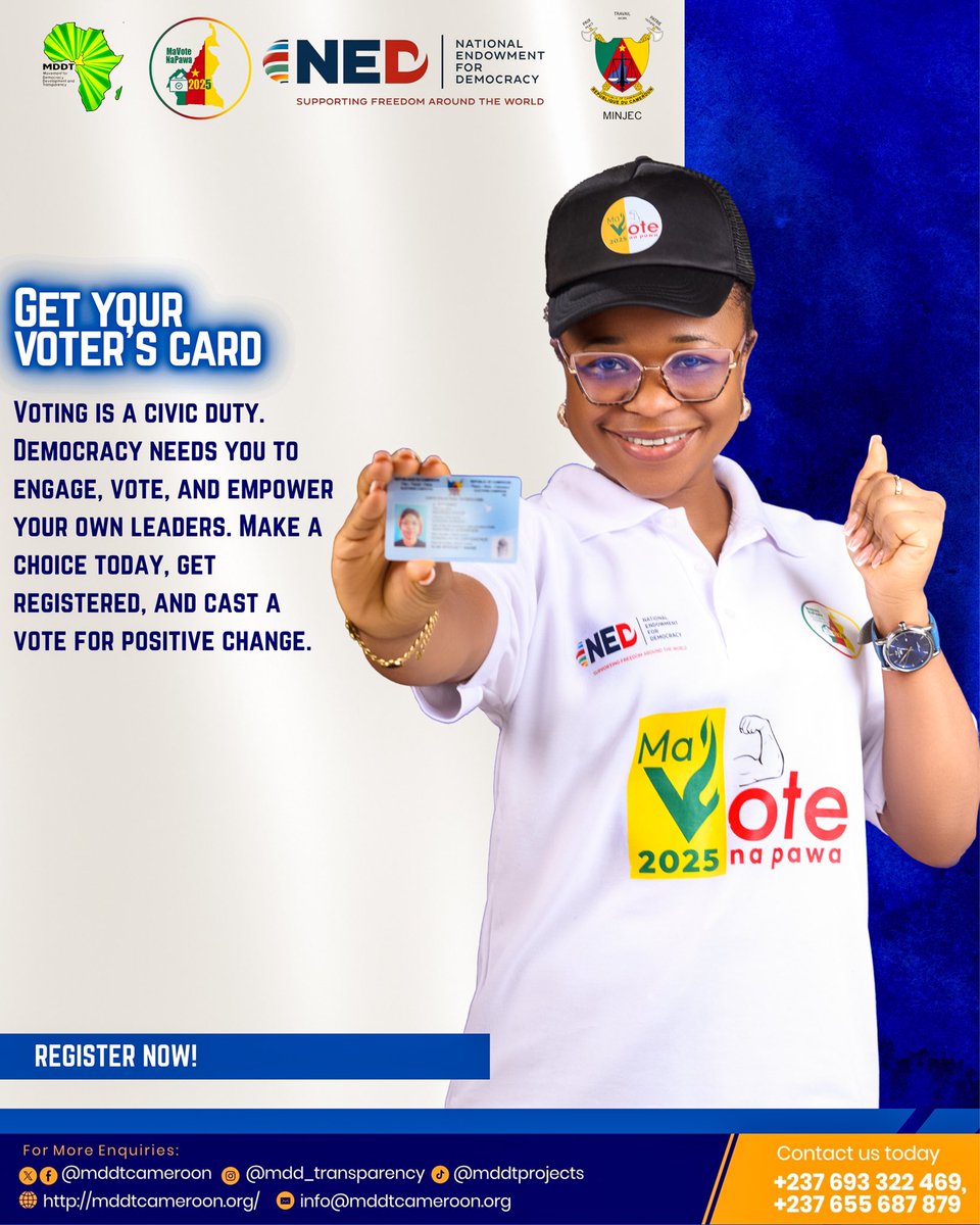 Maureen61919089's tweet photo. Be the youth who acts positively towards nation building. Register at the nearest #ELECAM office, obtain a Voter's Card. Cast a vote and fulfill your civic duty. Join @MDDTCameroon and @NEDemocracy in the #MaVoteNaPawa campaign. https://t.co/ua6N1LCeYw