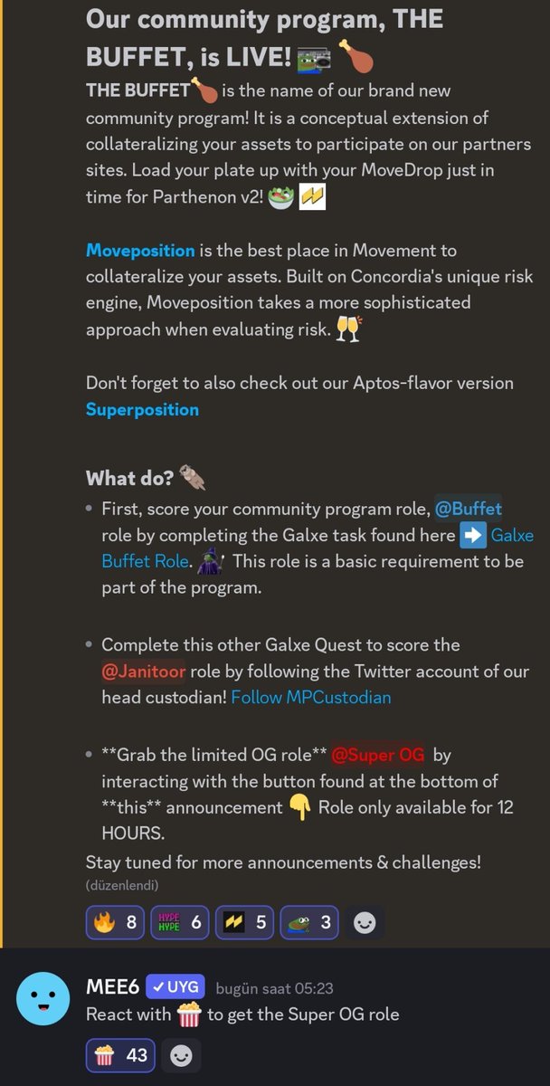OneOfArslan's tweet photo. 🏛@MovePosition 'un THE BUFFET,  🍗  adıyla duyurduğu yeni topluluk programı yayında!

THE BUFFET🍗
Varlıklarınızı teminatlandırarak partner platformlarda yer almanızı sağlayan konseptin bir uzantısı. 

Moveposition, Movement ekosisteminde varlıklarınızı teminatlandırmak için kullanabileceğiniz Concordia üzerine kurulu bir proje. 

Lend/Borrow işlemleri için kullanabileceğiniz riski değerlendirirken daha sofistike bir yaklaşım sunar. 🥂 

Topluluk Programı Kapsamında Ne Yapılabilir?

🔹️İlk olarak MovePosition Discord'a giriniz
➡️https://t.co/j2u765SmLo

🔹️Aşağıdaki Galxe görevini tamamlayarak "Buffet" rolünü alın. 
➡️ https://t.co/hE3aRT8nXS…
Bu rol, programa katılmak için temel bir gerekliliktir.

🔹️Bir diğer Galxe görevini tamamlayarak  "Janitoor" rolünü alın!
 ➡️https://t.co/hE3aRT8nXS…

💥Sınırlı sayıdaki Super OG rolünü almak için "Community Announcement" kanalındaki Super OG için istenen ilgili sembole (Patlamış Mısır) tıklayın

📣Bu role SADECE 12 SAAT boyunca erişilebilir.