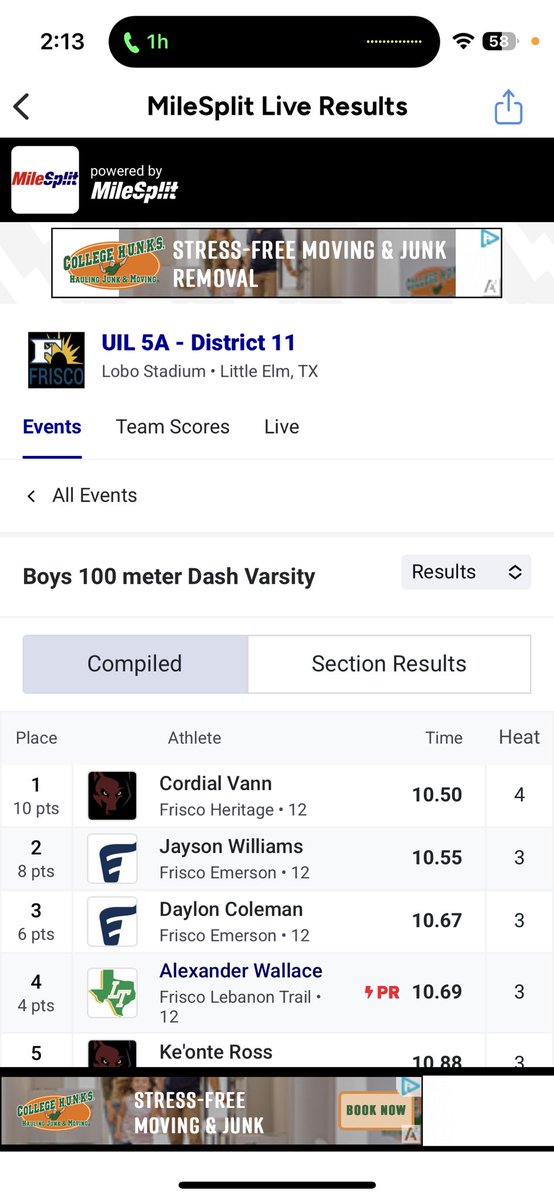 D1_DAYDAYC's tweet image. Blessed to get third at district with a pr of 10.67 in lane 3 @EHSMavs_TrackXC @JohnWil362021