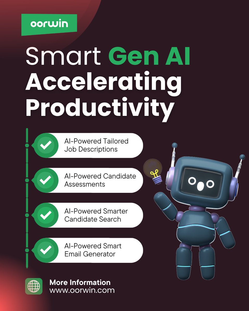🚀 𝗦𝗺𝗮𝗿𝘁 𝗚𝗲𝗻 𝗔𝗜 – 𝗕𝗼𝗼𝘀𝘁𝗶𝗻𝗴 𝗣𝗿𝗼𝗱𝘂𝗰𝘁𝗶𝘃𝗶𝘁𝘆

New era of smart hiring. Oorwin’s AI enhances team efficiency, accelerates decisions, excels in talent race.

👉 Request a demo to rethink your recruitment strategy

💡 Info: (oorwin.com/unlock-real-re…