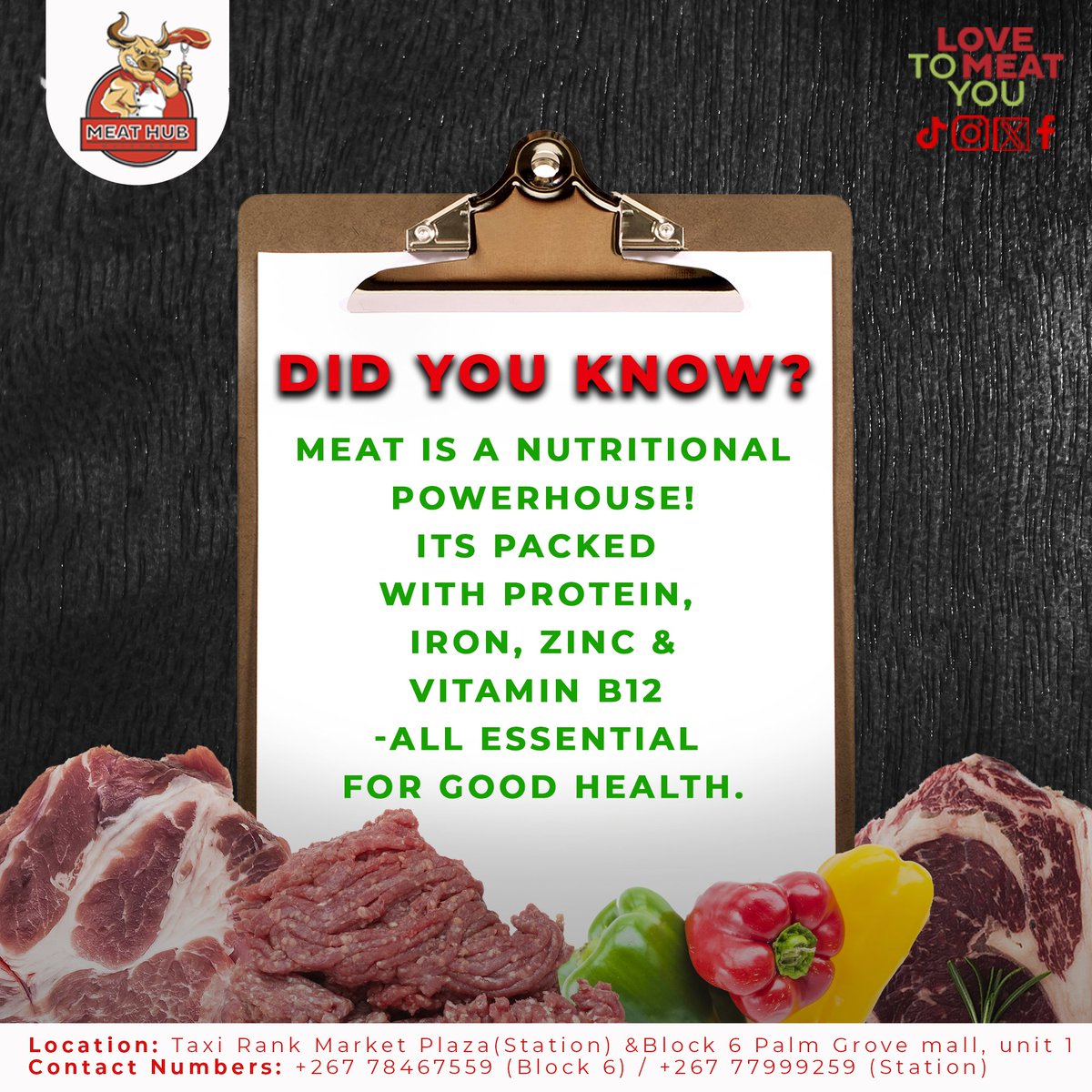 meathubbutchery's tweet photo. Chew on this 🥩
Did you know meat is packed with nutrients your body loves? Enjoy this tasty fact while biting into the best beef in town 😋
#MeatHubBw #DidYouKnow #MeatyFacts https://t.co/XRFvVlXgPx