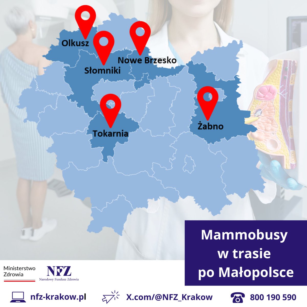 NFZ_Krakow's tweet photo. 👩👱♀️ Masz 45-74 lata?
🎀 Regularnie badaj piersi w programie profilaktycznym @NFZ_GOV_PL i miej pewność, że jesteś zdrowa ❣️
W pracowni stacjonarnej lub mammobusie.
🗺️ Dziś #mammobus w:
#Olkusz,
#NoweBrzesko,
#Żabnno,
#Słomniki,
#Tokarnia.
ℹ️ https://t.co/JozDCyUGeW. https://t.co/ljihdUsf44