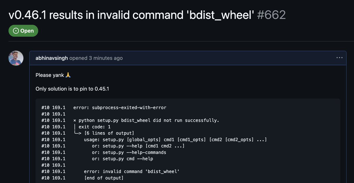 imoracle's tweet image. Hello Wednesday github.com/pypa/wheel/iss… #pip #pypi @pypi @ThePSF