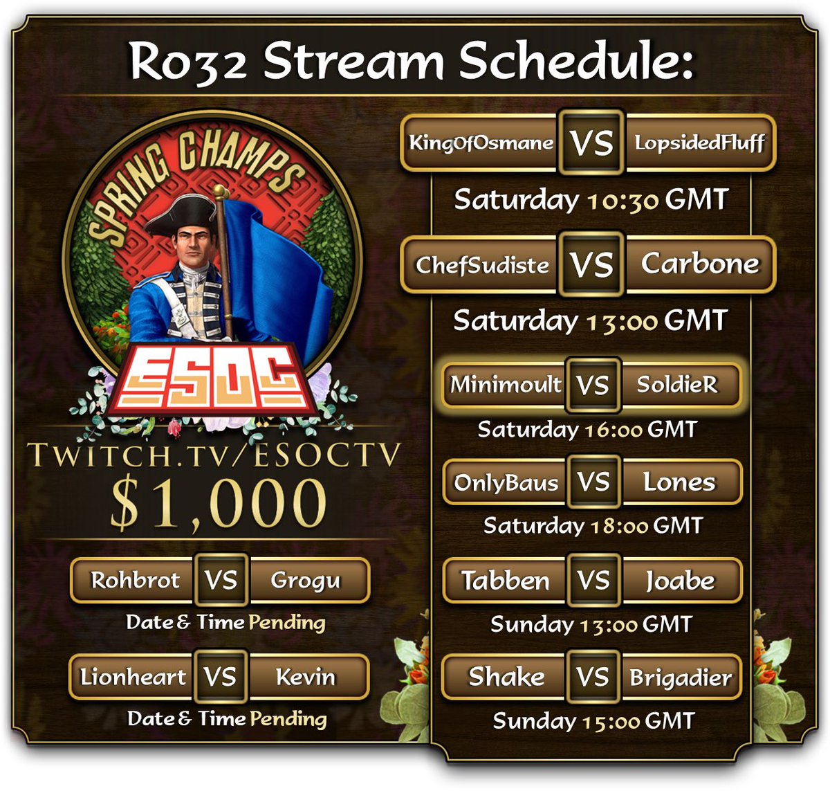 ESOCommunity's tweet photo. 💐AoE3 Spring Championships Ro32 Stream Schedule is Out!💐 See you in the chat! https://t.co/h5Wky9h6TT
