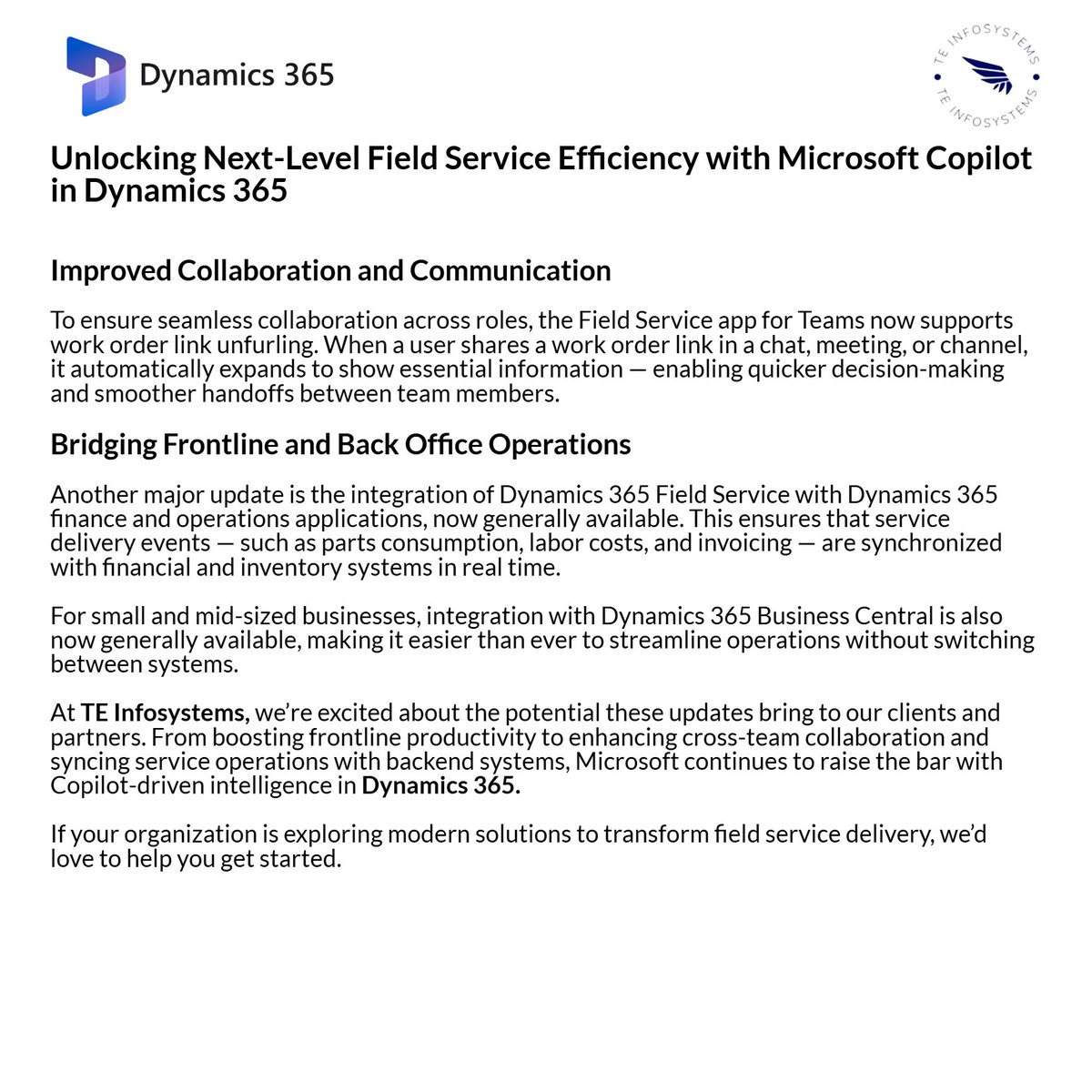 TEInfosystem's tweet photo. 🚀 New Copilot capabilities in Dynamics 365 Field Service are here!

✅ Natural language work order search
🤖 AI-powered summaries &amp; Dataverse insights
🔧 Technicians get instant help in Microsoft Teams
📹 Remote Assist with real-time video &amp; AR annotations https://t.co/YeGVGDSJtL