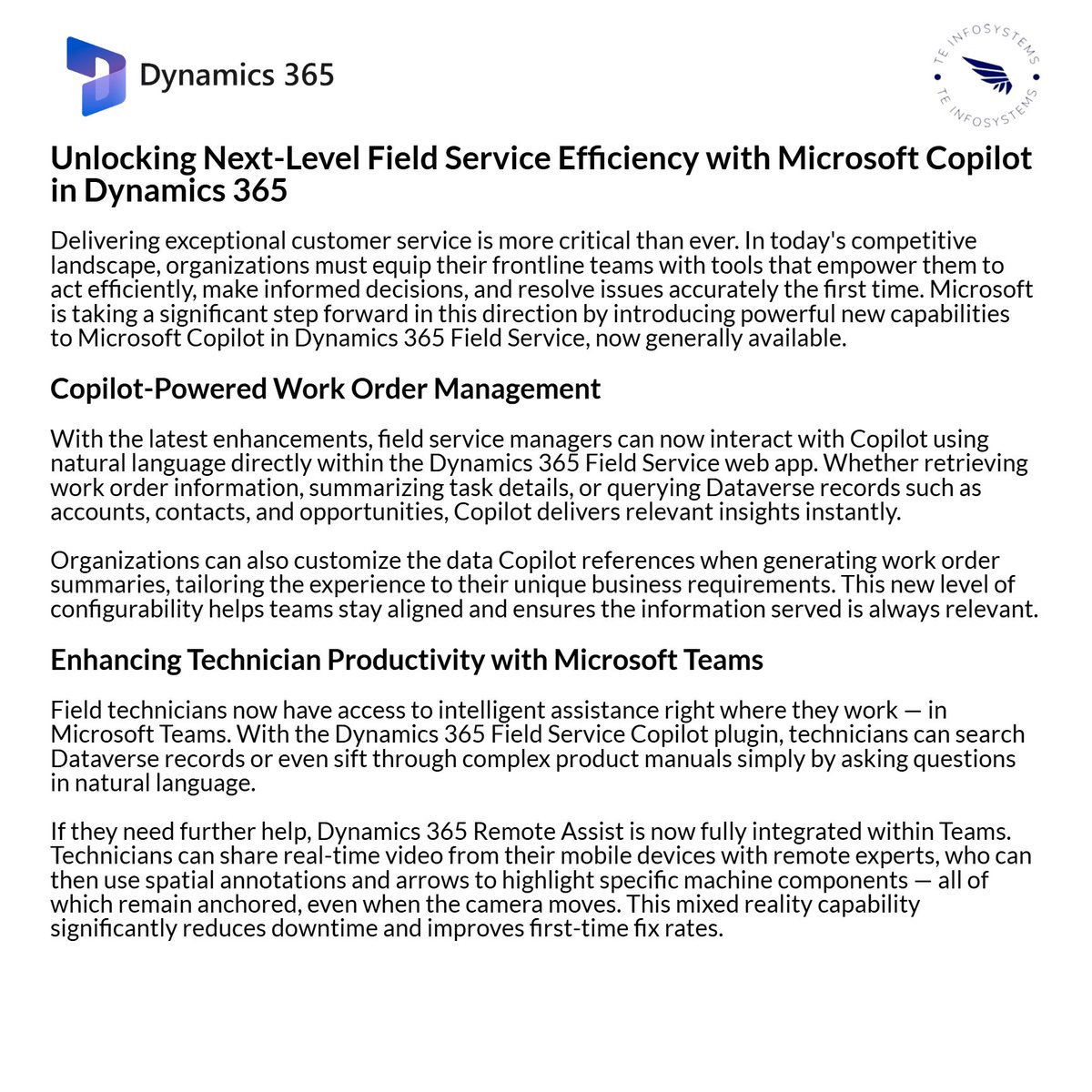 TEInfosystem's tweet photo. 🚀 New Copilot capabilities in Dynamics 365 Field Service are here!

✅ Natural language work order search
🤖 AI-powered summaries &amp; Dataverse insights
🔧 Technicians get instant help in Microsoft Teams
📹 Remote Assist with real-time video &amp; AR annotations https://t.co/YeGVGDSJtL