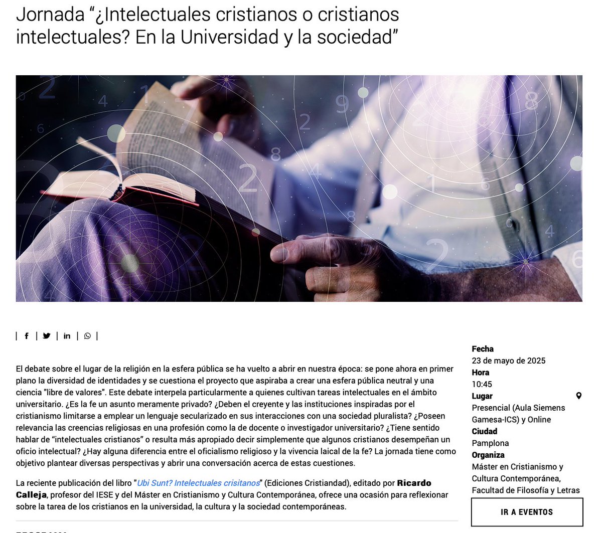JoseMTorralba's tweet photo. El viernes, 23 de mayo, https://t.co/bEf4LxoSsE organiza la Jornada "¿Intelectuales cristianos o cristianos intelectuales?", con ocasión del libro de @ricardocrc. En Pamplona y online. Intervendrán @pperezlopez, @mcresposesmero, @JuanLuisLorda1 y otros.
👉
https://t.co/lY4bFRVnTF https://t.co/I20ddO72DR