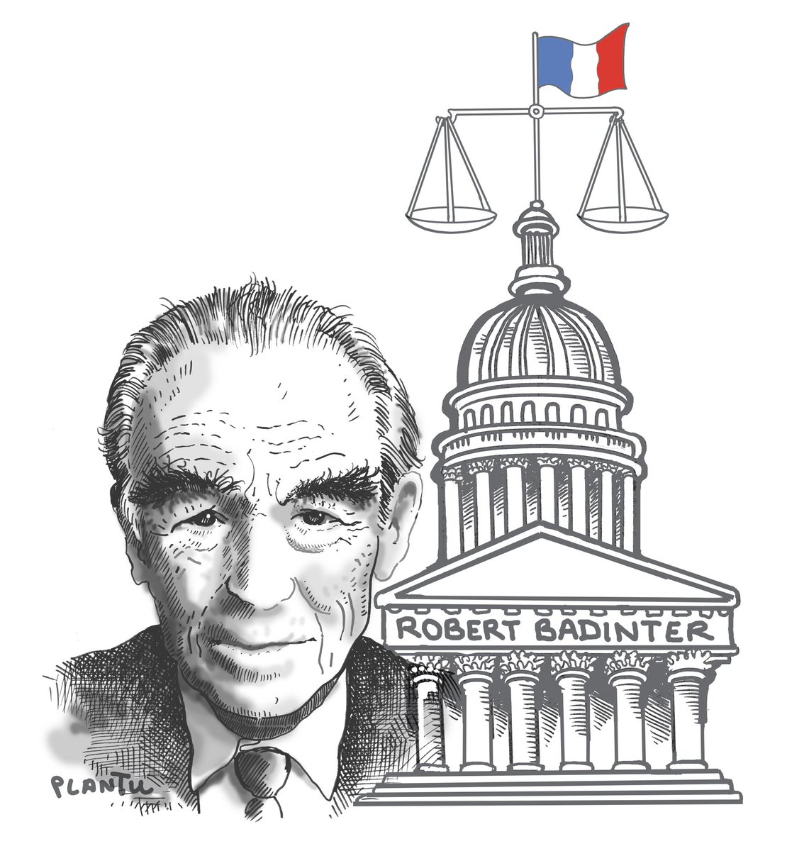 plantu's tweet image. BADINTER AU PANTHÉON: L’ancien ministre de la Justice et artisan de l'abolition de la peine de mort, Robert Badinter entrera au Panthéon le 9 octobre prochain.