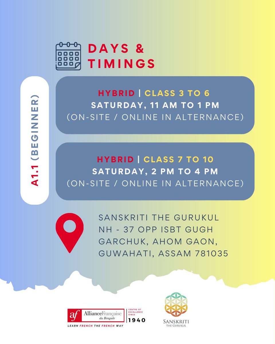 <a href="/AFduBengale/">Alliance Française du Bengale</a> is excited to bring French classes to Guwahati — the Official French language centre in the Northeast, starting April 2025 for kids and teens.
Classes 3-6: Saturdays, 11 AM-1 PM
Classes 7-10: Saturdays, 2 PM-4 PM
course.kolkata@afindia.org | 📞 +91 86977 36768