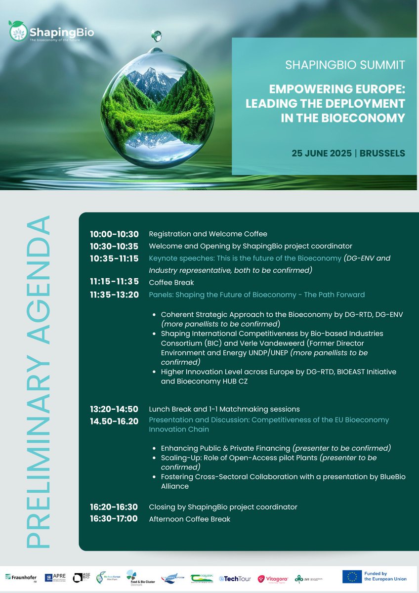 ShapingBio_eu's tweet image. 🚀 𝐓𝐡𝐞 𝐩𝐫𝐞𝐥𝐢𝐦𝐢𝐧𝐚𝐫𝐲 𝐚𝐠𝐞𝐧𝐝𝐚 𝐢𝐬 𝐡𝐞𝐫𝐞!
We’re excited to unveil the preliminary agenda for the ShapingBio Summit – Empowering Europe: Leading the Deployment in the Bioeconomy
Limited spots available register here to secure a spot 👉shorturl.at/3gCOS