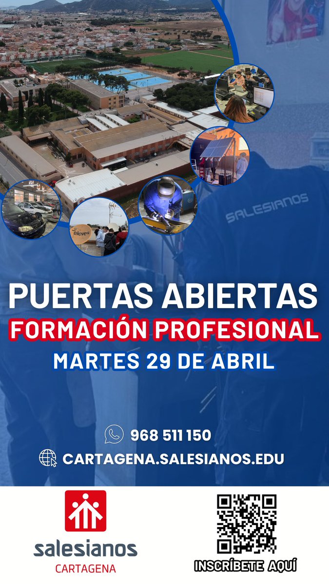 🔵 FP| 📢 ¡Ven y descubre tu futuro en Salesianos Cartagena! 📚✨

📅 Te invitamos a nuestras Jornadas de Puertas Abiertas de Formación Profesional. Una oportunidad única para conocer nuestras instalaciones y resolver todas tus dudas. 🚀

📅 29 de abril
🕟 16:30 - 19:00