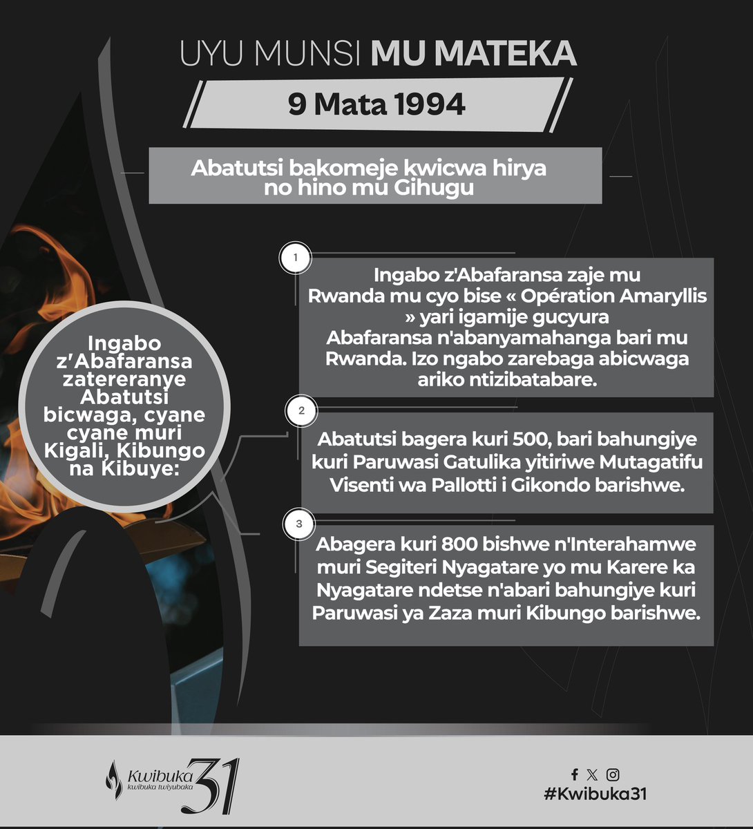 UYU MUNSI MU MATEKA

Ku wa 9 Mata 1994 ingabo z'Abafaransa zaje muri operation yo gucyura abanyamahanga, zirebera Abatutsi bicwaga ntizabatabara. Icyo gihe, Abatutsi bagera kuri 500 biciwe kuri Paruwasi Mutagatifu Visenti wa Pallotti i Gikondo

Umva byinshi: