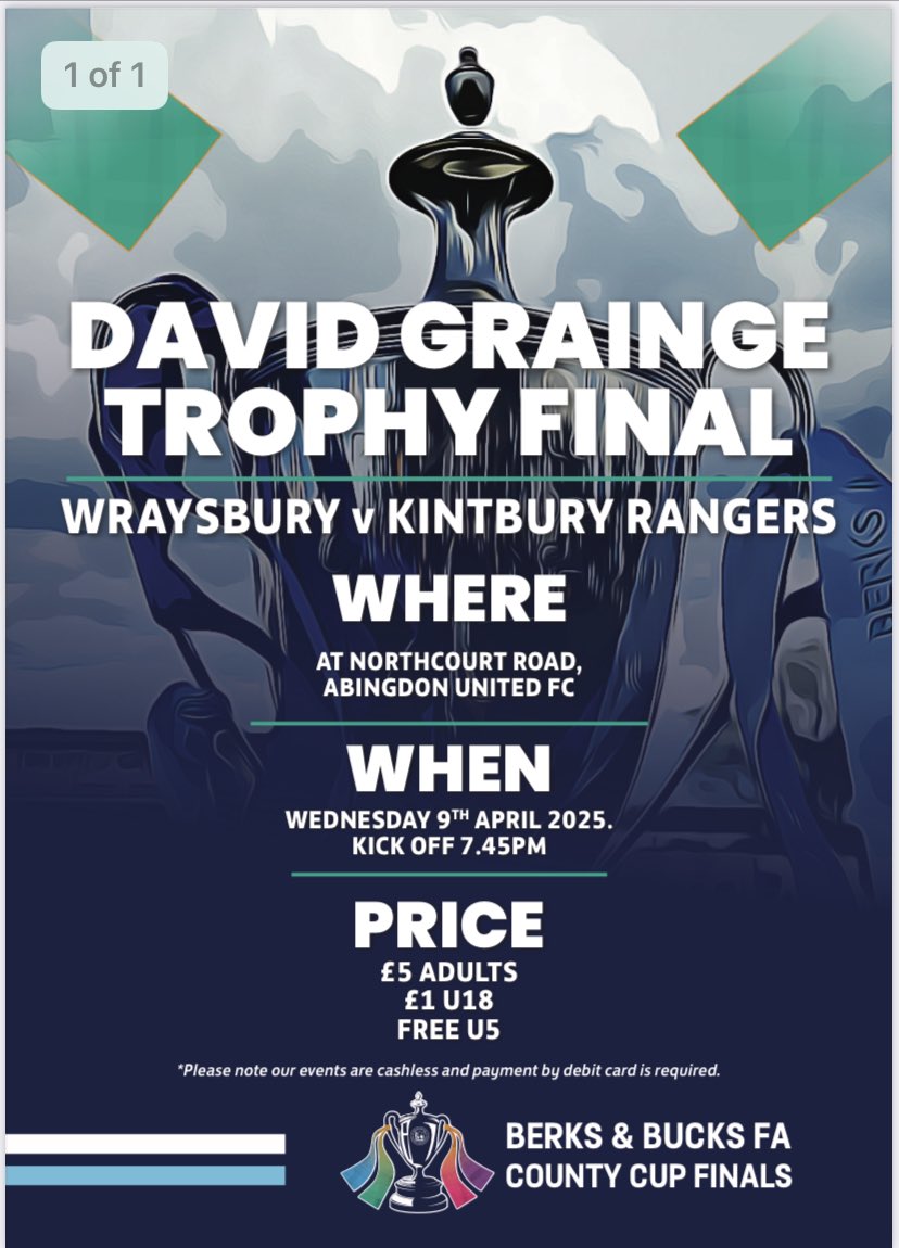We look forward to final #19 tonight, as we head to <a href="/Abutdfc/">Abingdon United FC (P)</a> for the David Grainge Trophy Final. 
<a href="/Wraysbury_FC/">@Wraysbury_FC</a> 2nd in <a href="/ThamesValleyPL/">Thames Valley PL</a> Div 2 v <a href="/KintburyRangers/">Kintbury Rangers FC</a> 9th in <a href="/WiltsLeague/">Wiltshire Senior League</a> Div 1. 
Should be a close one, details 👇