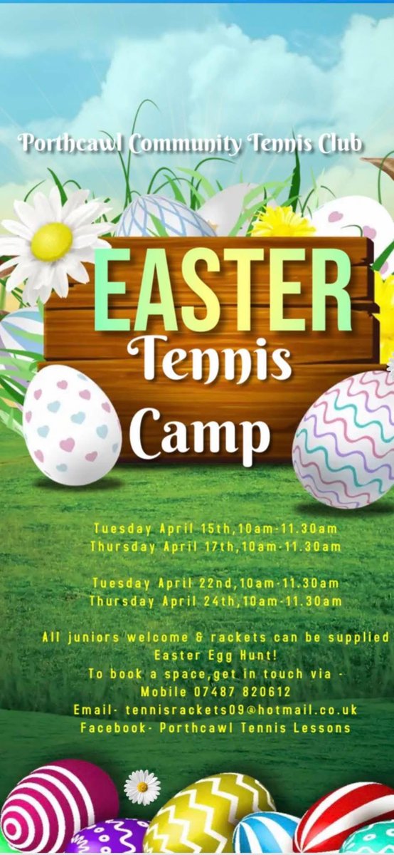 PorthcawlTennis's tweet photo. 🐣 Easter Tennis Camps 2025 For Juniors At Porthcawl Community Tennis Club 🐣 

Tuesday 15th April,10am-11.30am🎾

Thursday 17th April,10am-11.30am🎾

Tuesday 22nd April,10am-11.30am🎾

Thursday 24th April,10am-11.30am🎾

Lots of tennis,plenty of fun,games &amp; competitions https://t.co/zOIcqnk7Gz