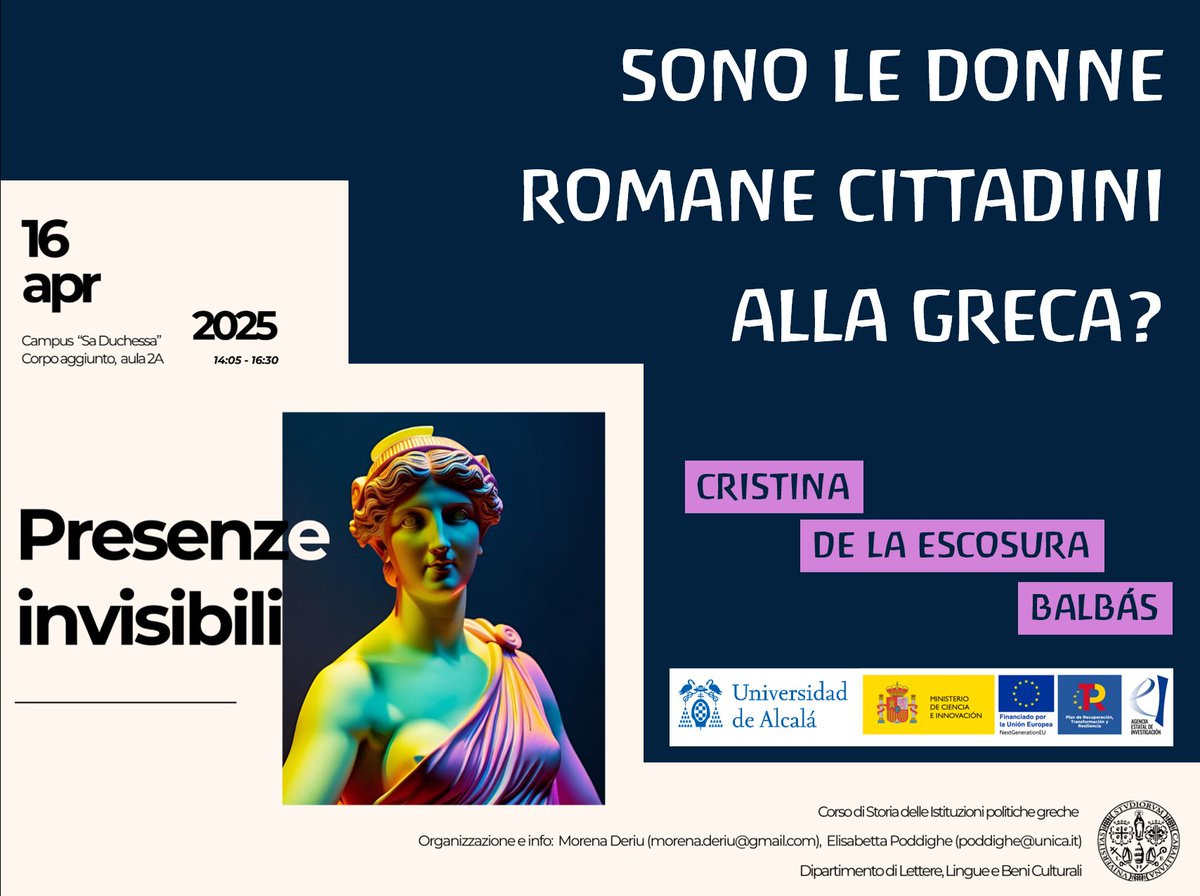 allthabit's tweet image. La semana que viene hablaré de ciudadanía romana, mujeres, teoría política y visibilidad en la Università di Cagliari. ¿Son las mujeres romanas ciudadanos al estilo griego? Gracias a Elisabetta Poddighe y Morena Deriu por la invitación.

📆 16 abril
⏰ 14.05
📌 Cagliari (🇮🇹)