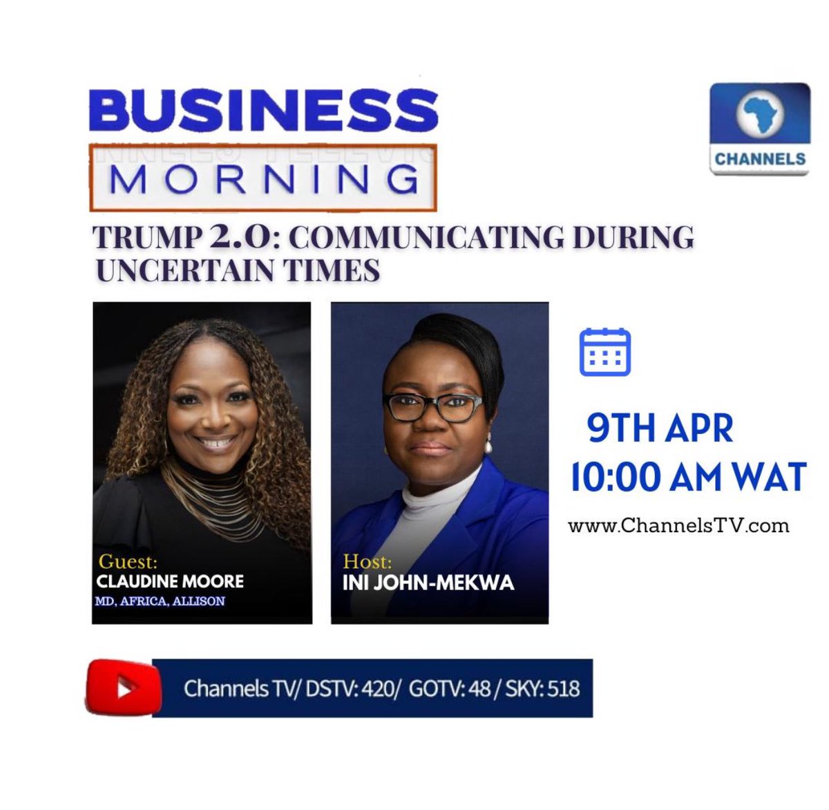 #ClaudineMoore (@claudinemoore) on Twitter photo So here I am back on X after our break up.
Decided life was better together so here I am sharing that I will be on <a href="/channelstv/">Channels Television</a> shortly talking about PR & Communications for #Nigerian & #African organizations during uncertain times.
#commentary So here I am back on X after our break up.
Decided life was better together so here I am sharing that I will be on <a href="/channelstv/">Channels Television</a> shortly talking about PR & Communications for #Nigerian & #African organizations during uncertain times.
#commentary