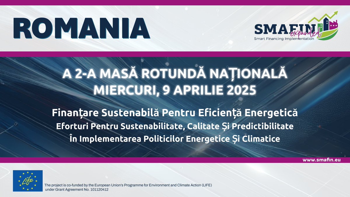 The 2nd #SMAFINExpanded National Roundtable in #Romania is now in progress with main topic #SustainableFinancing for #EnergyEfficiency: Striving for #sustainability, #quality, and predictability in implementing #energy and #climate policies.

 🔗More info: smafin.eu