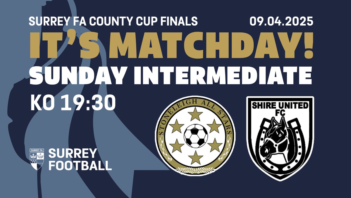 Surrey FA (@surreyfa) on Twitter photo 🏆 IT’S MATCHDAY AT SURREY FA! ⚽
The Sunday Intermediate Final is here! 🙌
🔥 <a href="/StoneleighAS/">Stoneleigh All Stars FC</a> s take on Shire United at Meadowbank, tonight at 7:30 PM! ⚡
👉 Join us for our last final before the Easter break – it’s going to be a thrilling match you won’t want to miss! 🏆 IT’S MATCHDAY AT SURREY FA! ⚽
The Sunday Intermediate Final is here! 🙌
🔥 <a href="/StoneleighAS/">Stoneleigh All Stars FC</a> s take on Shire United at Meadowbank, tonight at 7:30 PM! ⚡
👉 Join us for our last final before the Easter break – it’s going to be a thrilling match you won’t want to miss!