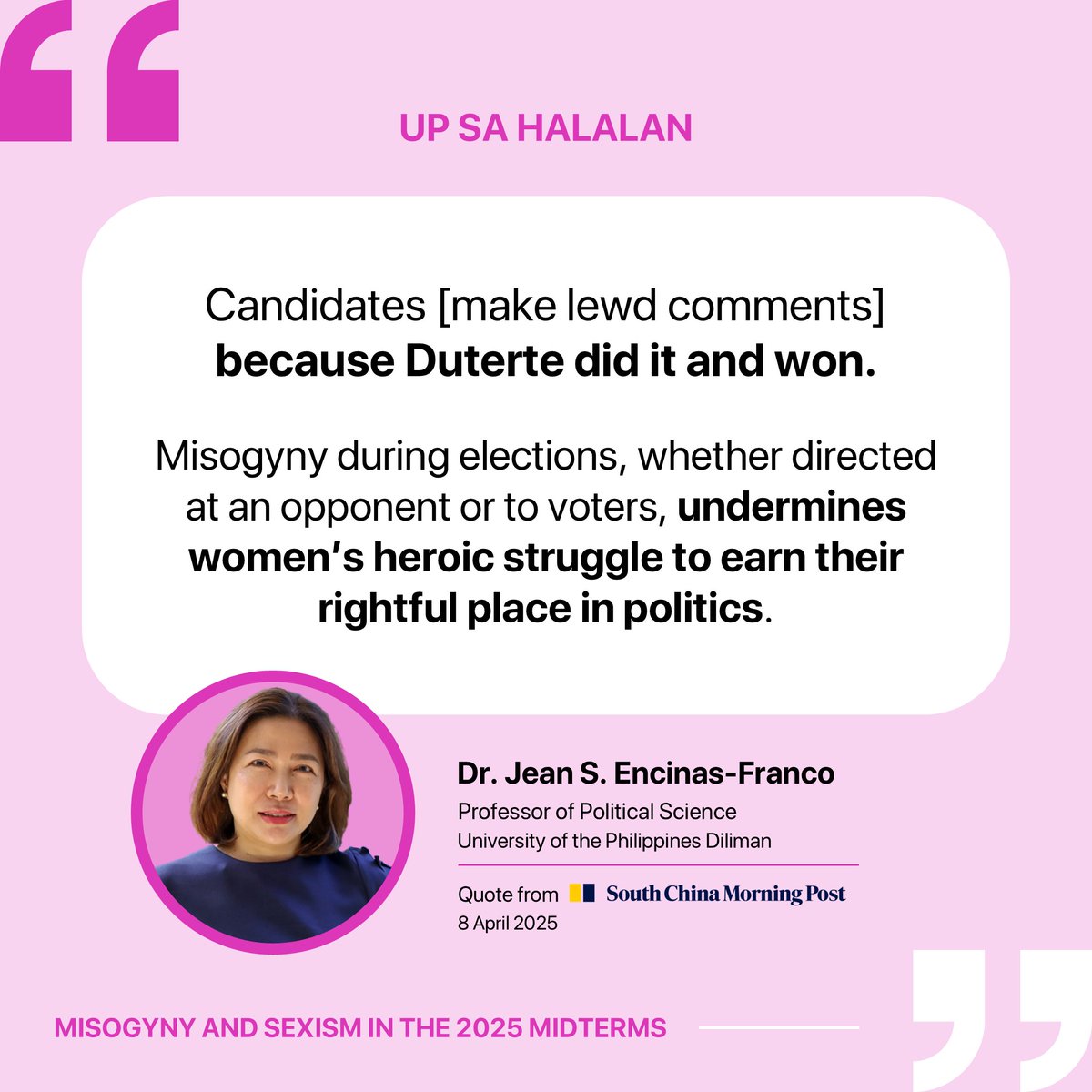 Setting a bad precedent? ❌

In an interview with <a href="/SCMPNews/">South China Morning Post</a>, Professor <a href="/francojean825/">Jean Encinas Franco</a> argued that former President Rodrigo Duterte's electoral success encouraged other candidates for public office to make lewd comments in campaign sorties.