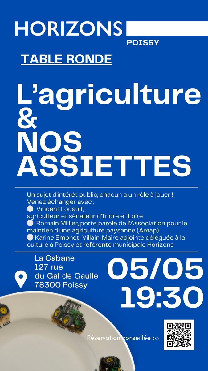 Prochaine table ronde <a href="/HorizonsLeParti/">Horizons</a> à <a href="/villepoissy/">Ville de Poissy</a> 🍽️x🚜

🔔 L’agriculture et nos assiettes le 5 mai à 19h30 à la Cabane
Avec <a href="/vincent_louault/">Vincent Louault</a> <a href="/AMAP_IDF/">Réseau AMAP IDF</a> <a href="/karine_emonet/">karine_emonetvillain</a> <a href="/Horizons_78/">Horizons Yvelines</a> 

Échanges constructifs et conviviaux ✅
Par ici l’inscription ⏩️ 
docs.google.com/forms/d/1hr6Nh…