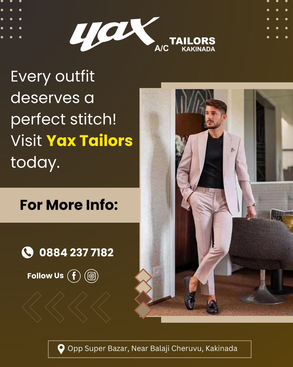 Yaxtailors01's tweet image. Yax Tailors creates stylish, modern outfits for men, combining traditional tailoring with the latest fashion trends.

.
Call Us at: 📞0884 237 7182
Location: 📍Kakinada, Andhra Pradesh, India 5330010.
.
#alterationservice #clothingalterations #suitalteration #customsuits