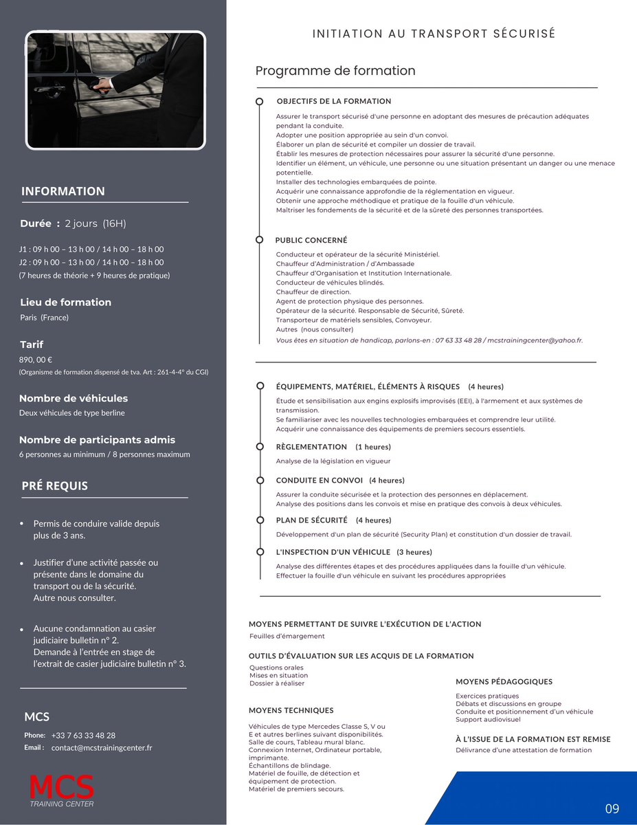 SecurityDriver_'s tweet image. Formation : Initiation au Transport Sécurisé

Samedi 26 Dimanche 27 avril 2025 

MCS Training Center vous propose une formation immersive et dynamique pour maîtriser les fondamentaux du transport sécurisé de personnalités

☎  +33 7 63 33 48 28

📧   contact@mcstrainingcenter.fr