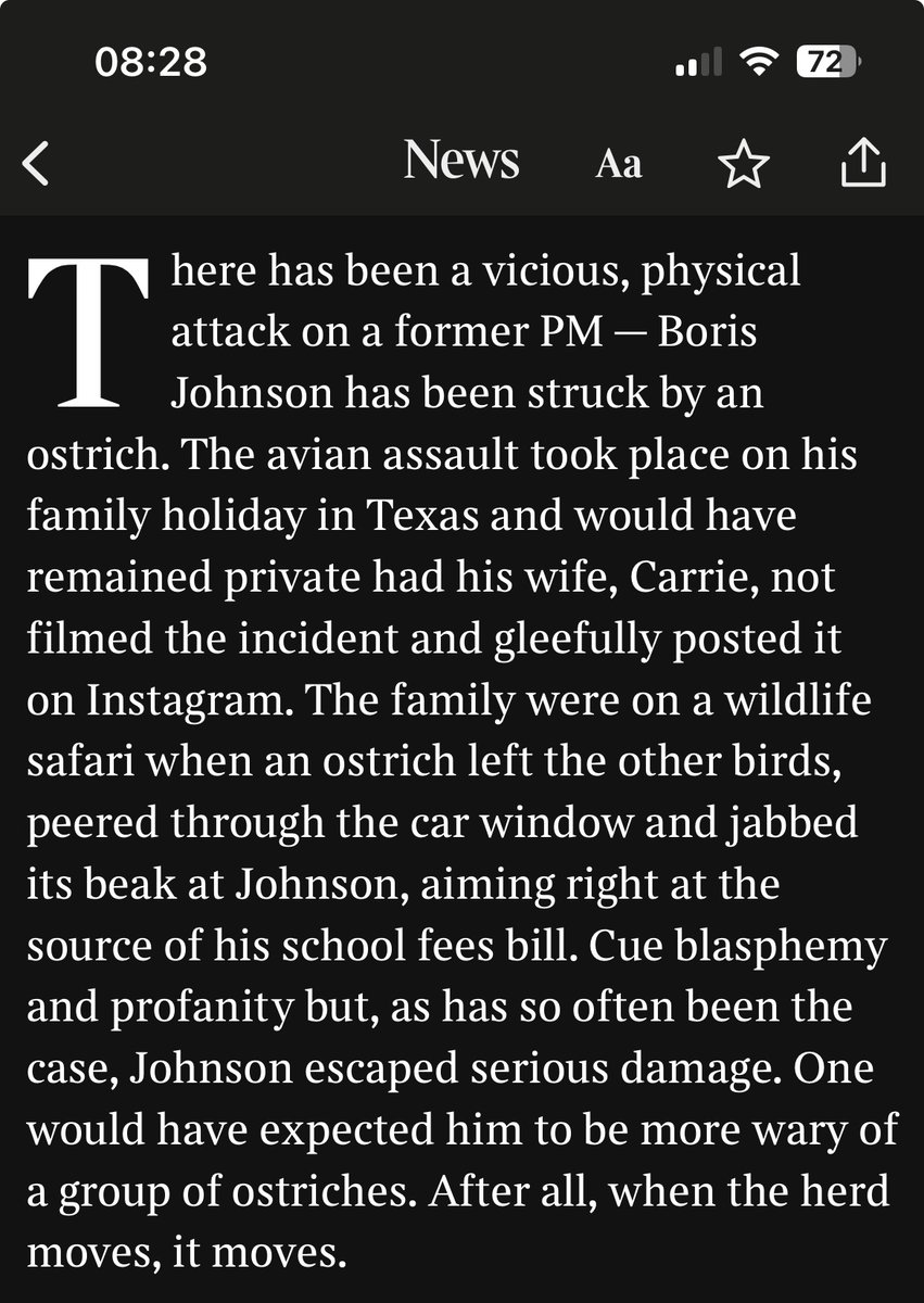 Jack Blackburn 🇺🇦 (@hackblackburn) on Twitter photo Possible I might have enjoyed writing this in today’s <a href="/TimesDiary/">Times Diary</a>
Ostrich ambushes Boris Johnson on safari holiday
thetimes.com/article/823bf6… Possible I might have enjoyed writing this in today’s <a href="/TimesDiary/">Times Diary</a>
Ostrich ambushes Boris Johnson on safari holiday
thetimes.com/article/823bf6…
