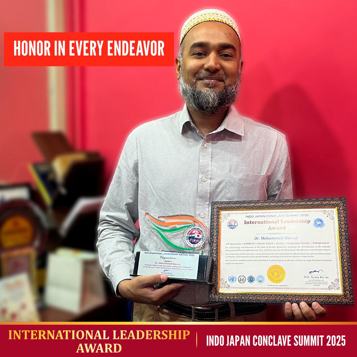 CPHR53's tweet photo. A proud moment!
Dr. Mohammed Bawaji received the International Leadership Award at the Indo Japan Conclave 2025 in Tokyo!

Awarded for HRPET &amp; his book Transformational HR Beyond Processes.
A big win for CP HR Services Pvt. Ltd.!

#ProudMoment #LeadershipExcellence #CPHR https://t.co/610eyBGkRW