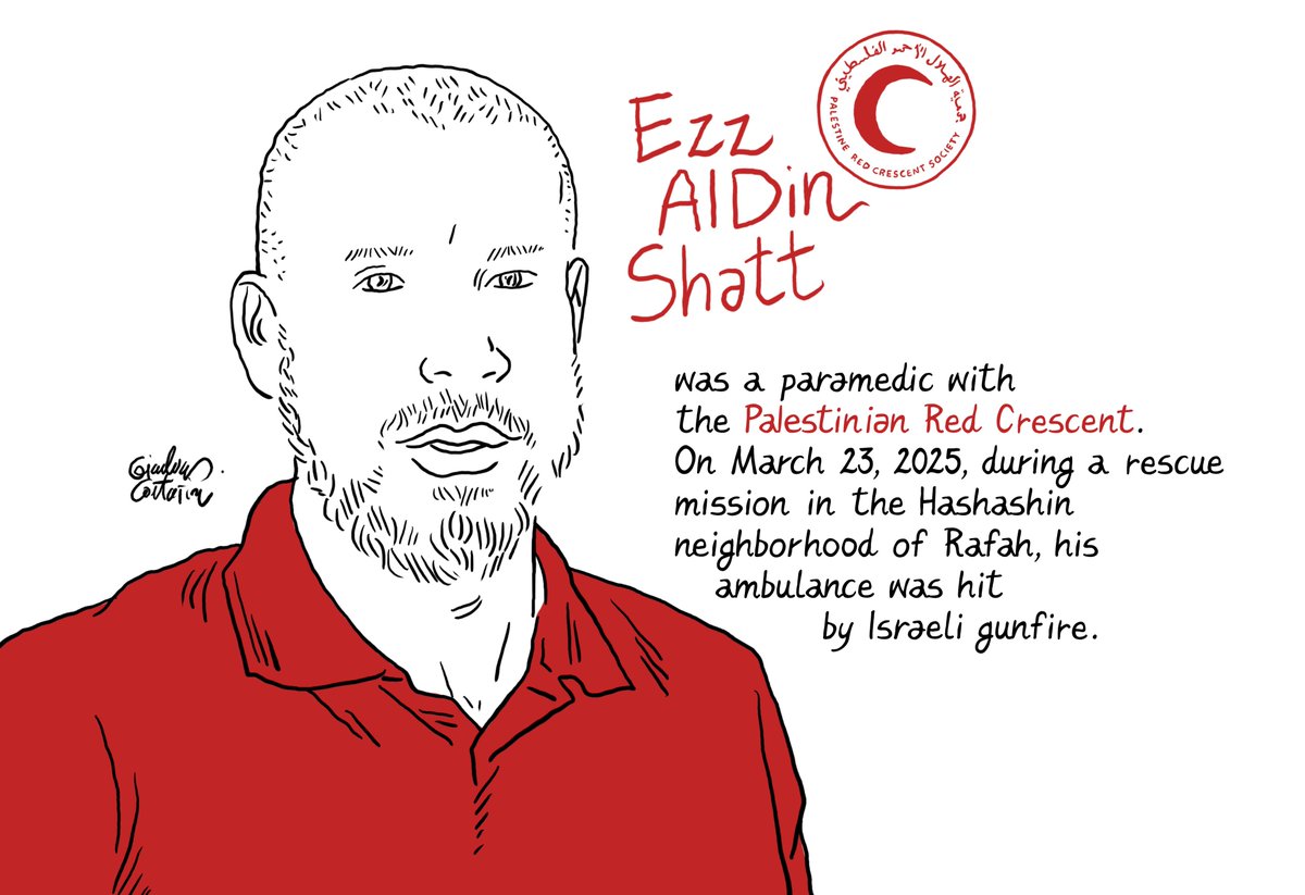 channeldraw's tweet photo. Ezz Al Din Shatt was a paramedic with the Palestinian Red Crescent @palestinercs. On March 23, 2025, during a rescue mission in the #Hashashin neighborhood of #Rafah, his ambulance was struck by Israeli gunfire. 

Ezz Al Din Shatt and his colleague, Mostafa Khufaga, were killed in the attack. A third paramedic, Munther Abed, survived by hiding inside the ambulance and later gave testimony about the incident.

@icrc @ifrc @wikileaks