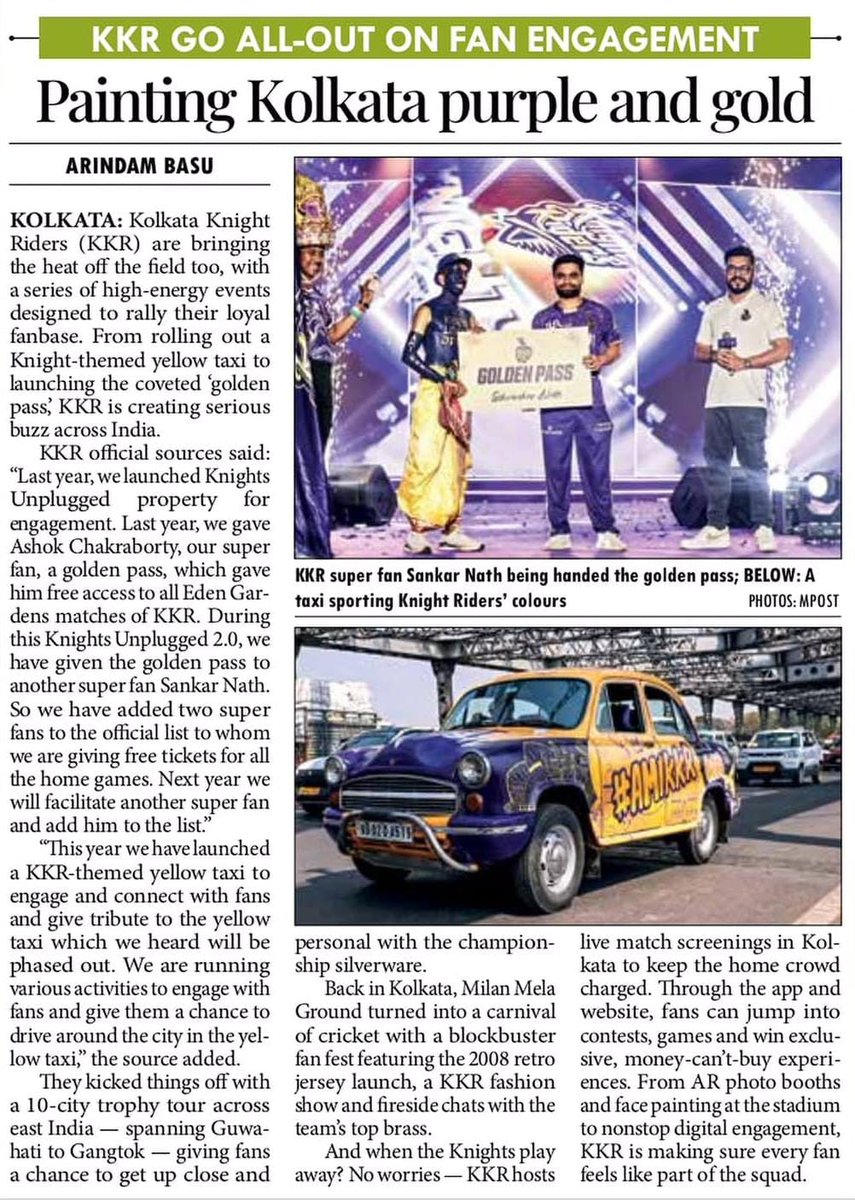 Rokte_Amarr_KKR's tweet photo. #Millenniumpost wrote about Painting Kolkata Purple & Gold ft. RAKKR Member Sankar 💜
Proud Moment! 🙌 https://t.co/njPgHUmvjw