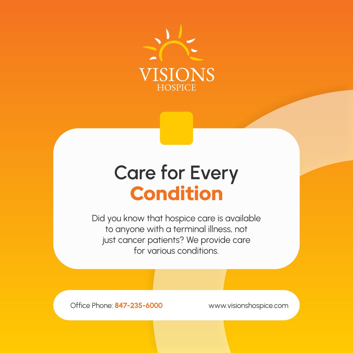Visions_Hospice's tweet photo. Hospice care is for anyone with a terminal illness. 💙 If you or a loved one needs support, we’re here for you. 🌸 Reach out to learn more about hospice care eligibility.

#SchaumburgIL #HospiceCare #TerminalIllness #PatientCare #ComfortCare https://t.co/OuiZOoXpzr