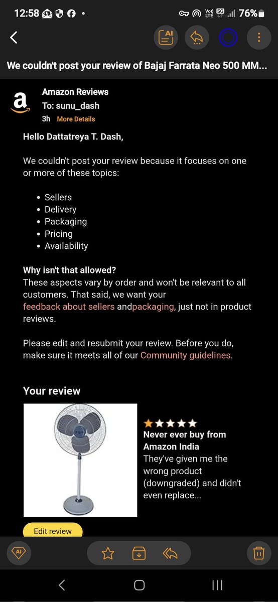 DattatreyaDash's tweet image. First @amazonIN #cheated me with wrong product, when I asked for replacement they denied. Now they are not allowing me to give Negative review too. No wonder thives don't like being called out.
@amazon @jagograhakjago @PiyushGoyal
