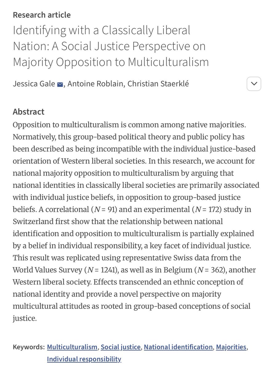 irsp_rips (@irsp_rips) on Twitter photo 📣 New paper alert: “Identifying with a Classically Liberal Nation: A Social Justice Perspective on Majority Opposition to Multiculturalism” by Jessica Gale, <a href="/AntoineRoblain/">Antoine Roblain</a>, and Christian Staerklé
👉 This paper is available in #OA: doi.org/10.5334/irsp.9… 📣 New paper alert: “Identifying with a Classically Liberal Nation: A Social Justice Perspective on Majority Opposition to Multiculturalism” by Jessica Gale, <a href="/AntoineRoblain/">Antoine Roblain</a>, and Christian Staerklé
👉 This paper is available in #OA: doi.org/10.5334/irsp.9…