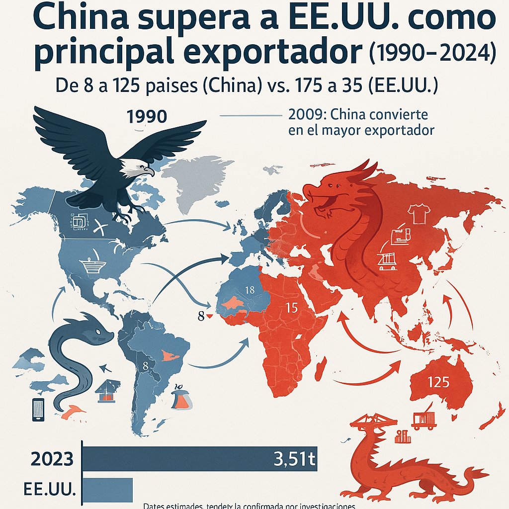 VisualeStudios's tweet image. El Ascenso del Dragón: China supera a EE.UU. como mayor exportador mundial (1990-2024)