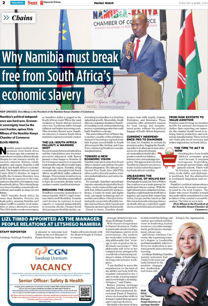 elvis_mboya1's tweet photo. Big thanks to @namibiansun for publishing our call to action: Why Namibia must break free from South Africa’s economic slavery.
It’s time to rethink trade, currency & value chains. Read the article & join the conversation!
#EconomicFreedom #NamibiaRising #NamKenChamber https://t.co/9tGpjb71aW