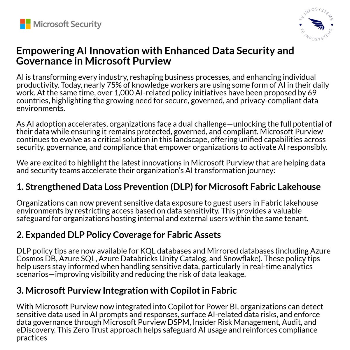 TEInfosystem's tweet photo. AI is reshaping how we work 💡 but it comes with big responsibilities around data security, privacy, and governance 🔐

Microsoft Purview just got even better to help teams stay AI-ready:

#Governance #PowerBI #Fabric #Microsoft #TEInfosystems https://t.co/JtukK4Mjl9