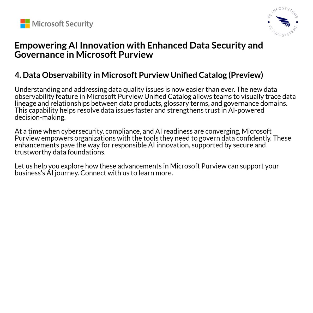 TEInfosystem's tweet photo. AI is reshaping how we work 💡 but it comes with big responsibilities around data security, privacy, and governance 🔐

Microsoft Purview just got even better to help teams stay AI-ready:

#Governance #PowerBI #Fabric #Microsoft #TEInfosystems https://t.co/JtukK4Mjl9