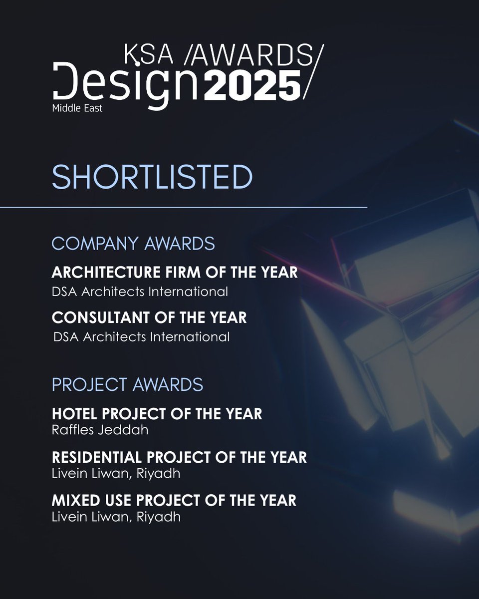 DSA Architects International (@dsaarchitects) on Twitter photo We’re thrilled to share that we have been shortlisted in five categories at the <a href="/DesignMidEast/">Design Middle East</a> KSA Awards 2025!
Looking forward to the awards ceremony in #Riyadh on 15th April!
#DesignKSAAwards We’re thrilled to share that we have been shortlisted in five categories at the <a href="/DesignMidEast/">Design Middle East</a> KSA Awards 2025!
Looking forward to the awards ceremony in #Riyadh on 15th April!
#DesignKSAAwards