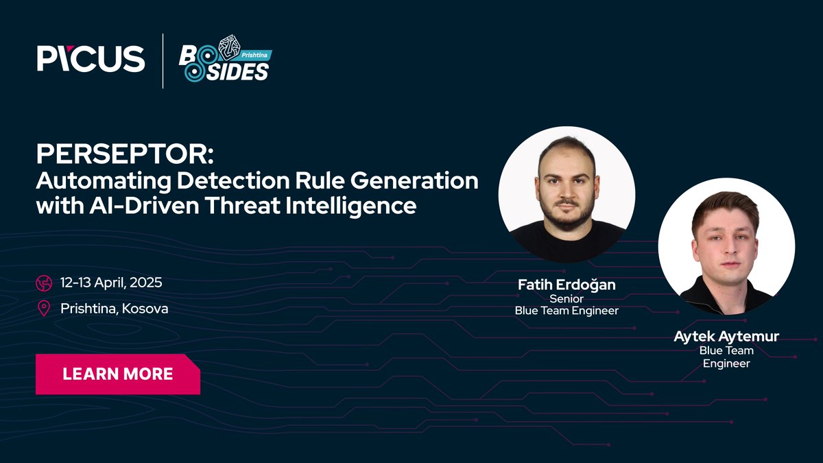 🎤 Catch us at <a href="/BSidesPrishtina/">BSides Prishtina</a>!

Our Blue Team engineers <a href="/FeCassie/">Fatih ERDOĞAN</a> and Aytek Aytemur will present PERSEPTOR, a project that uses LLMs to turn threat intel into detection rules (Sigma, YARA &amp; more).

📍 Prishtina, April 12–13
🔗 Learn more: hubs.li/Q03g2pj80

#CyberSecurity