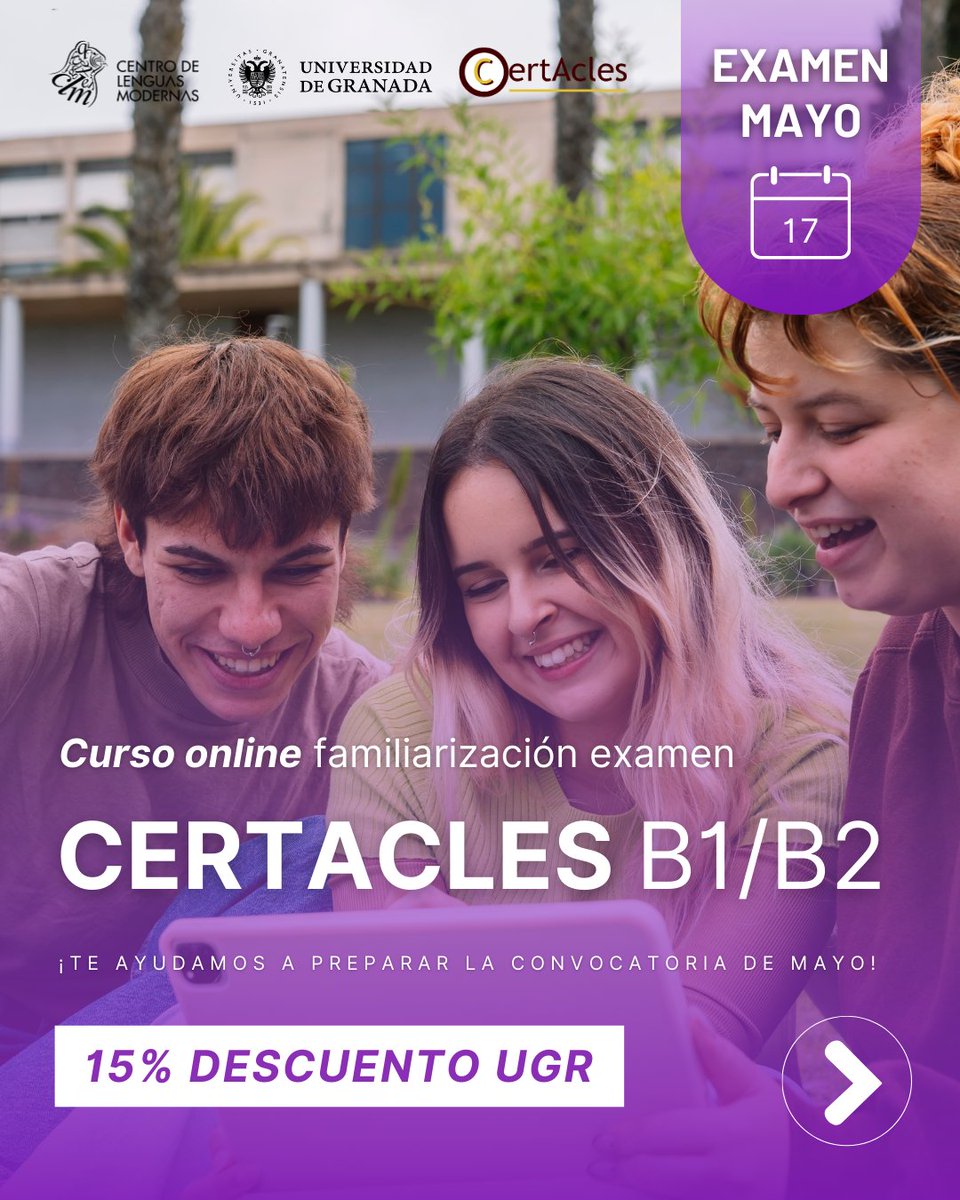 clmgranada's tweet image. 🎯 ¿Te presentas al examen CERTACLES B1/B2 en mayo?
La próxima convocatoria del examen es el 📅 17 de mayo, ¡y te queremos ayudar a que llegues bien preparado/a!
⬇️‼️